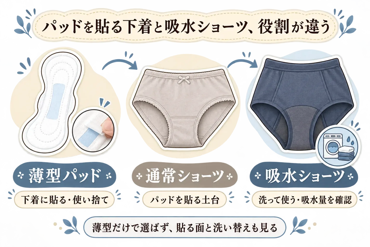 薄型の使い捨てパッド、パッドを貼る通常ショーツ、洗って使う吸水ショーツの3つの役割を示す図。薄型パッドは下着に貼って使い捨て、通常ショーツはパッドを貼る土台、吸水ショーツは吸水量と洗い替えを確認するものとして示し、貼る面と洗い替えも確認するよう案内している。記事本文をもとに作成。
