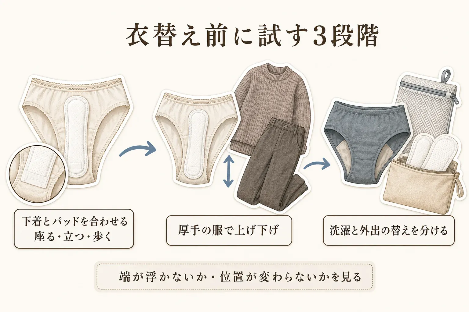 衣替え前に試す3段階を示す図。下着とパッドを合わせて座る・立つ・歩く、厚手の服を重ねて上げ下げする、洗濯中の替えと外出先で交換するパッドを分ける流れを示し、端が浮かず位置が変わらないか確認するよう案内している。記事本文をもとに作成。