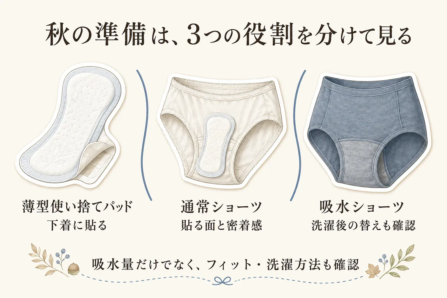 秋の準備で分けて見る3つの役割を示す図。薄型使い捨てパッドは下着に貼る、通常ショーツは貼る面と密着感を確認する、吸水ショーツは洗濯後の替えも確認することを、3種類の用品のイラストで説明する。吸水量だけでなくフィットと洗濯方法も確認するよう案内する。記事本文をもとに作成。