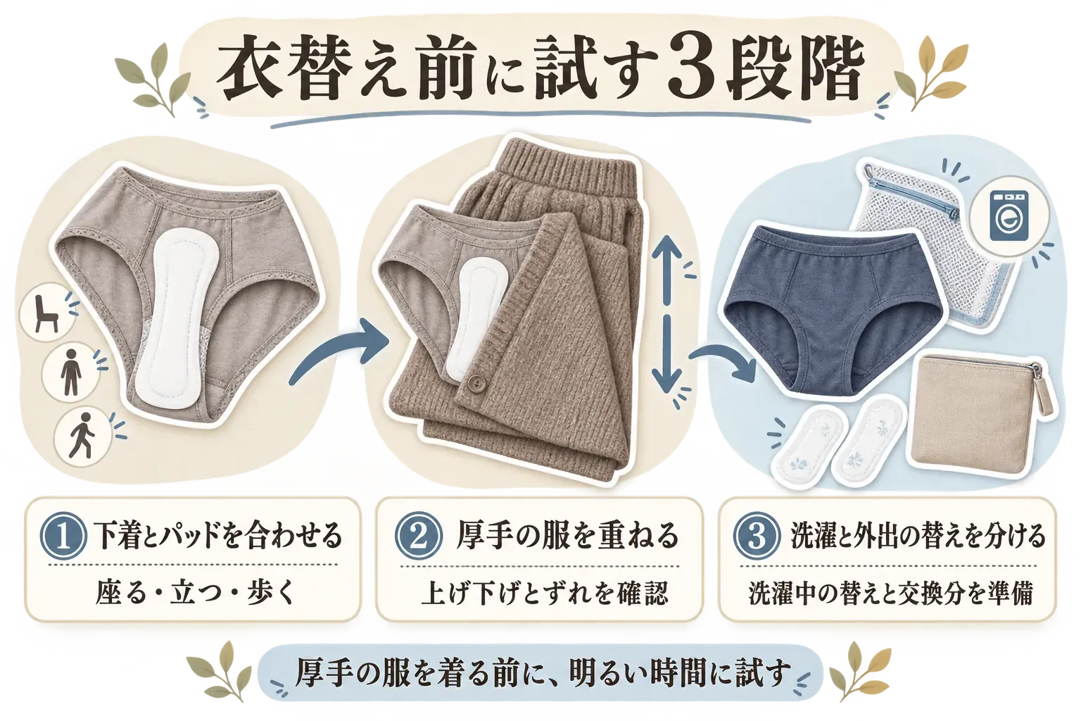 衣替え前に試す3段階を示す図。1は下着とパッドを合わせて座る・立つ・歩く、2は厚手の服を重ねて上げ下げとずれを確認、3は洗濯中の替えと外出先で交換するパッドを準備する流れで、厚手の服を着る前に明るい時間に試すよう案内している。記事本文をもとに作成。