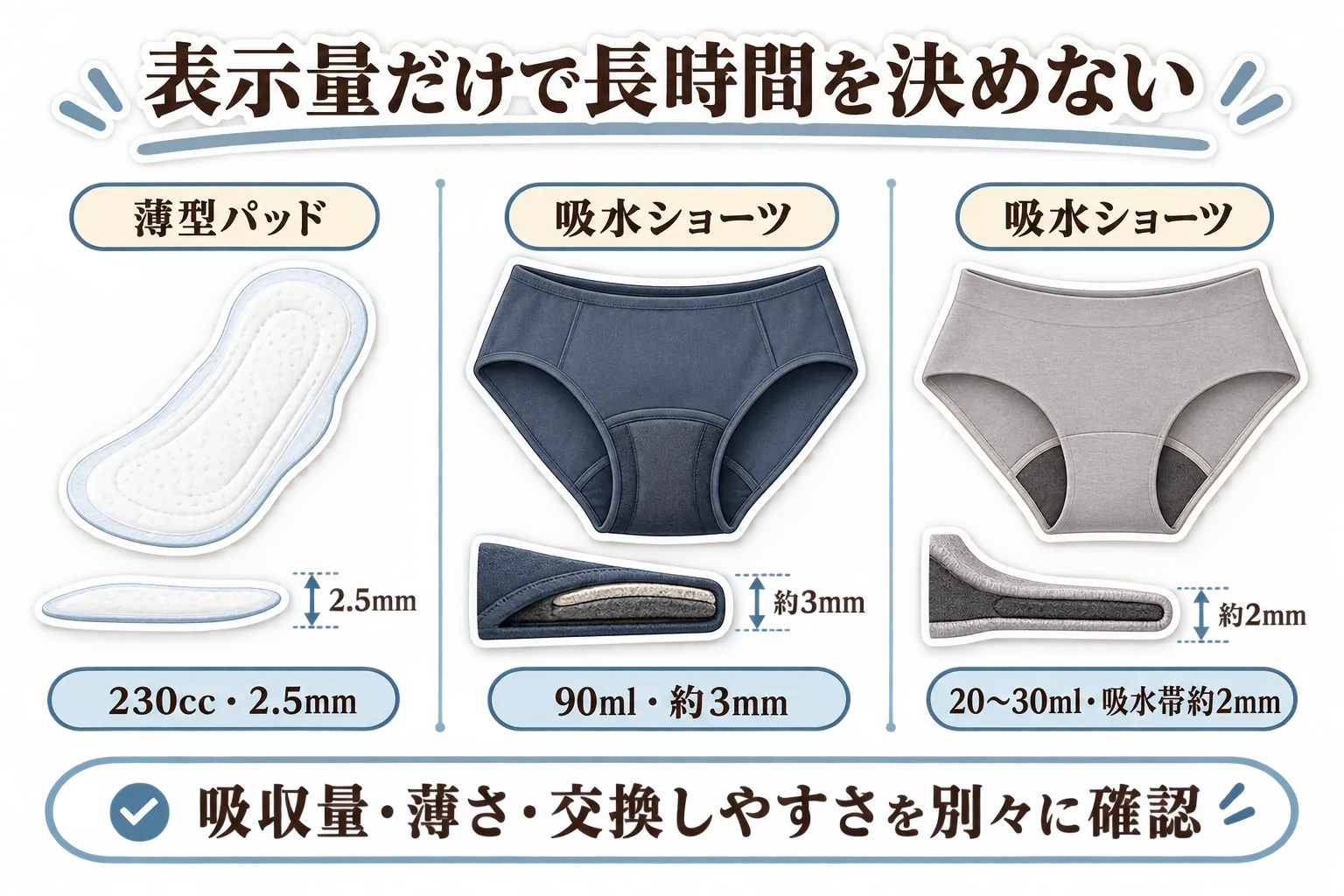 表示量だけで最長の使用時間を決めないよう示す図。薄型パッドは230cc・2.5mm、吸水ショーツは90ml・約3mm、別の吸水ショーツは20〜30ml・吸水帯約2mmの表示例を並べ、吸収量・薄さ・交換しやすさを別々に確認するよう案内している。記事本文をもとに作成。