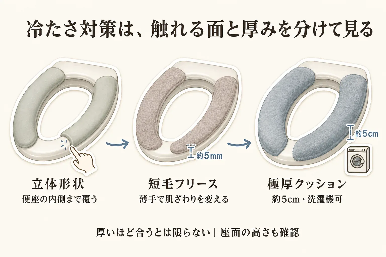 便座の冷たさ対策を触れる面と厚みで比べる図。便座の内側まで覆う立体形状、約5mmの短毛フリース、約5cmで洗濯機可能な極厚クッションを示し、厚いほど合うとは限らないため座面の高さも確認するよう案内する。記事本文をもとに作成。