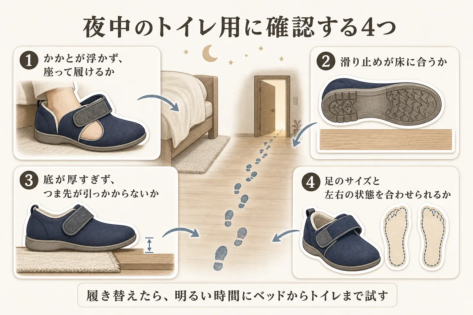 夜中のトイレ用に介護シューズを選ぶ4つの確認点を示す図。かかとが浮かず座って履けるか、滑り止めが床に合うか、底が厚すぎずつま先が引っかからないか、足のサイズと左右の状態を合わせられるかを、ベッドからトイレまでの動線とともに示す。履き替えたら明るい時間に試すよう案内する。記事本文をもとに作成。