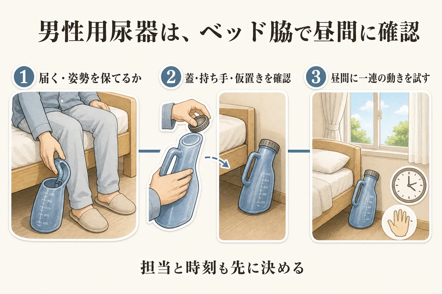 男性用尿器をベッド脇で昼間に確認する3段階を示す図。1は尿器に手が届き姿勢を保てるか、2は蓋・持ち手・仮置きを確認する、3は昼間に一連の動きを試すことで、担当と時刻も先に決めるよう案内している。