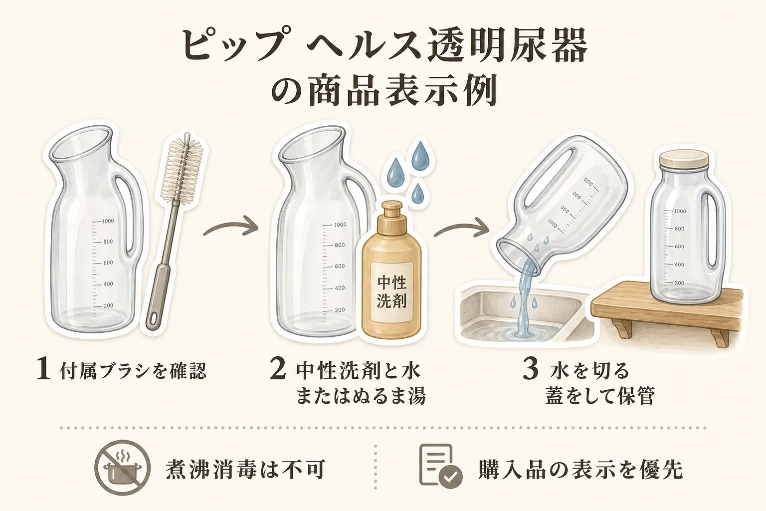 ピップ ヘルス透明尿器の商品表示例として、付属ブラシを確認し、中性洗剤と水またはぬるま湯で洗い、水を切って蓋をして保管する手順を示す図。煮沸消毒は不可で、購入品の表示を優先するよう案内している。