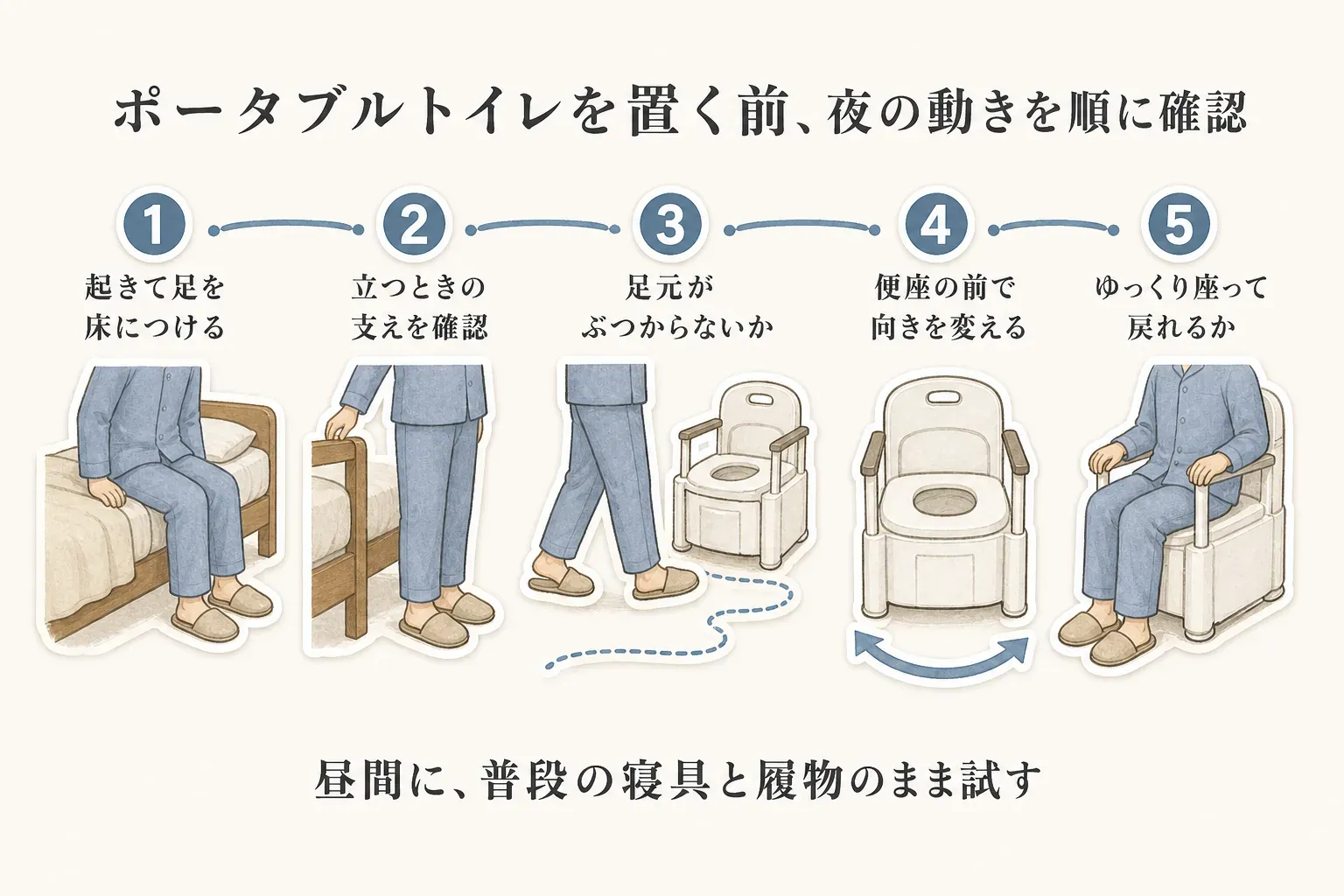 ポータブルトイレを置く前に夜の動きを順に確認する図。起きて足を床につける、立つときの支えを確認する、足元がぶつからないか確かめる、便座の前で向きを変える、ゆっくり座ってベッドへ戻れるかの5段階を、昼間に普段の寝具と履物のまま試すよう示す。記事本文をもとに作成。