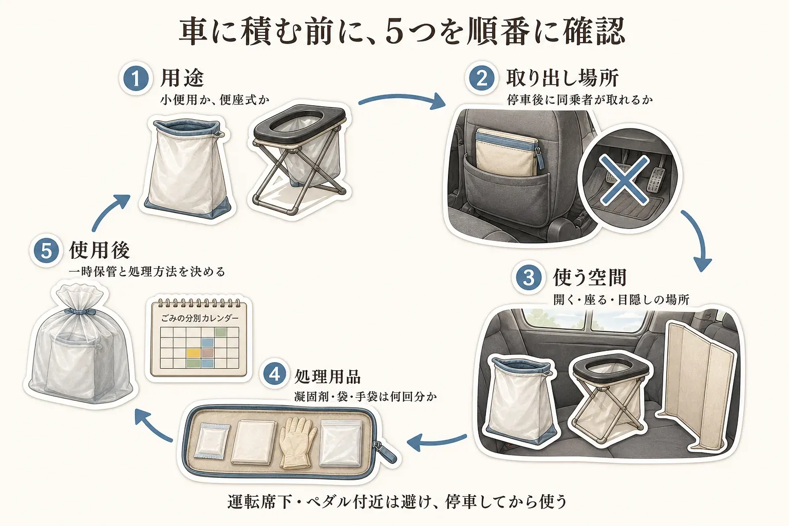 車に携帯トイレを積む前の5項目を順に確認する図。小便用か便座式かの用途、停車後に同乗者が取れる収納場所、開く・座る・目隠しをする空間、凝固剤・袋・手袋の回数、密封後の保管と処理方法を確認し、運転席下やペダル付近を避けるよう示す。記事本文をもとに作成。