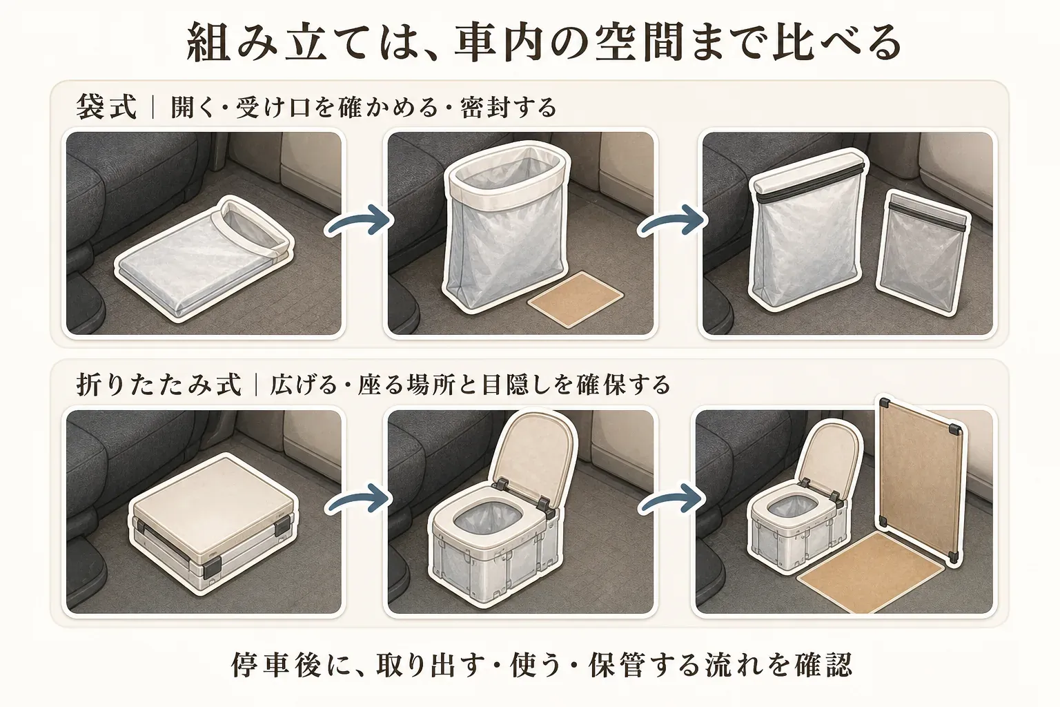 車内での携帯トイレの使用手順を袋式と折りたたみ便座式で比較する図。袋式は開く、受け口を確かめる、密封する流れ、折りたたみ式は広げる、座る場所と目隠しを確保する流れを示し、停車後に取り出す・使う・保管する手順を確認するよう案内する。記事本文をもとに作成。