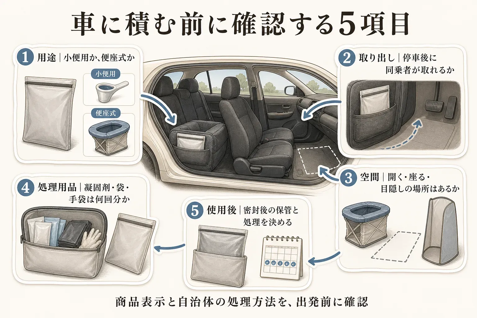 車内の携帯トイレの備えを出発前に確認する5項目を示す図。用途、停車後に同乗者が取れる取り出し場所、開く・座る・目隠しの空間、凝固剤・袋・手袋の回数、使用後の密封・保管・処理を、商品表示と自治体の処理方法に沿って確認するよう案内する。記事本文をもとに作成。