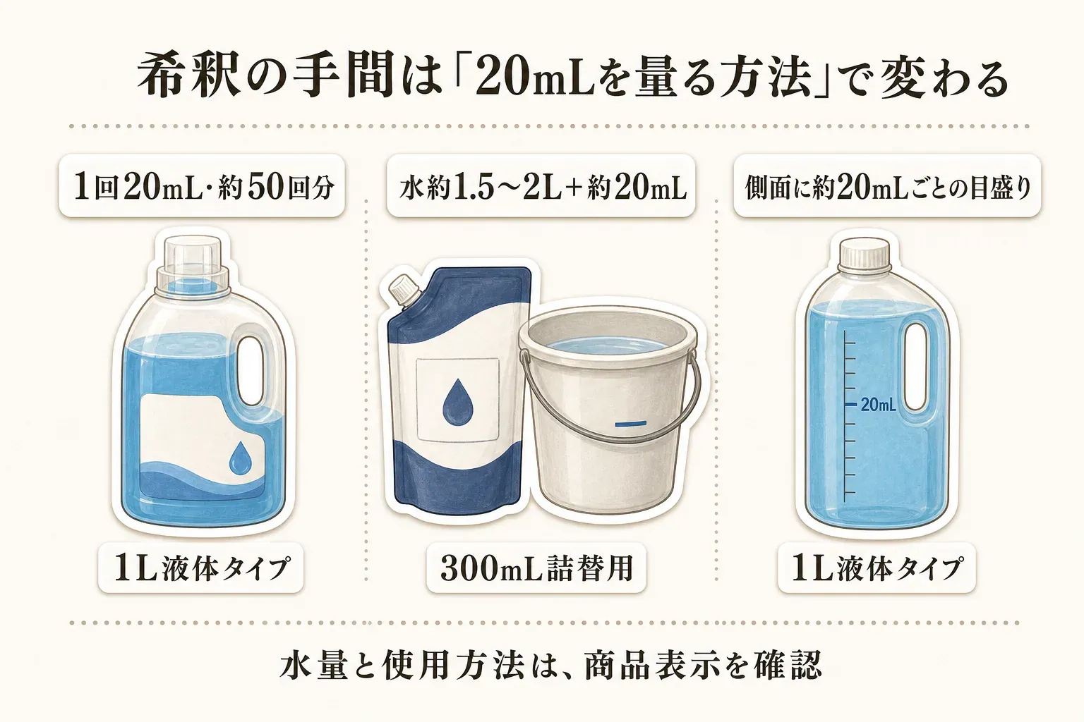 ポータブルトイレ用消臭液の希釈・計量方法を3商品で比べる図。1L液体タイプは1回20mL・約50回分、300mL詰替用は水約1.5〜2Lに約20mL、目盛り付き1L液体タイプは側面の約20mLごとの目盛りで量ることを示し、水量と使用方法は商品表示を確認すると案内する。本文データをもとに作成。