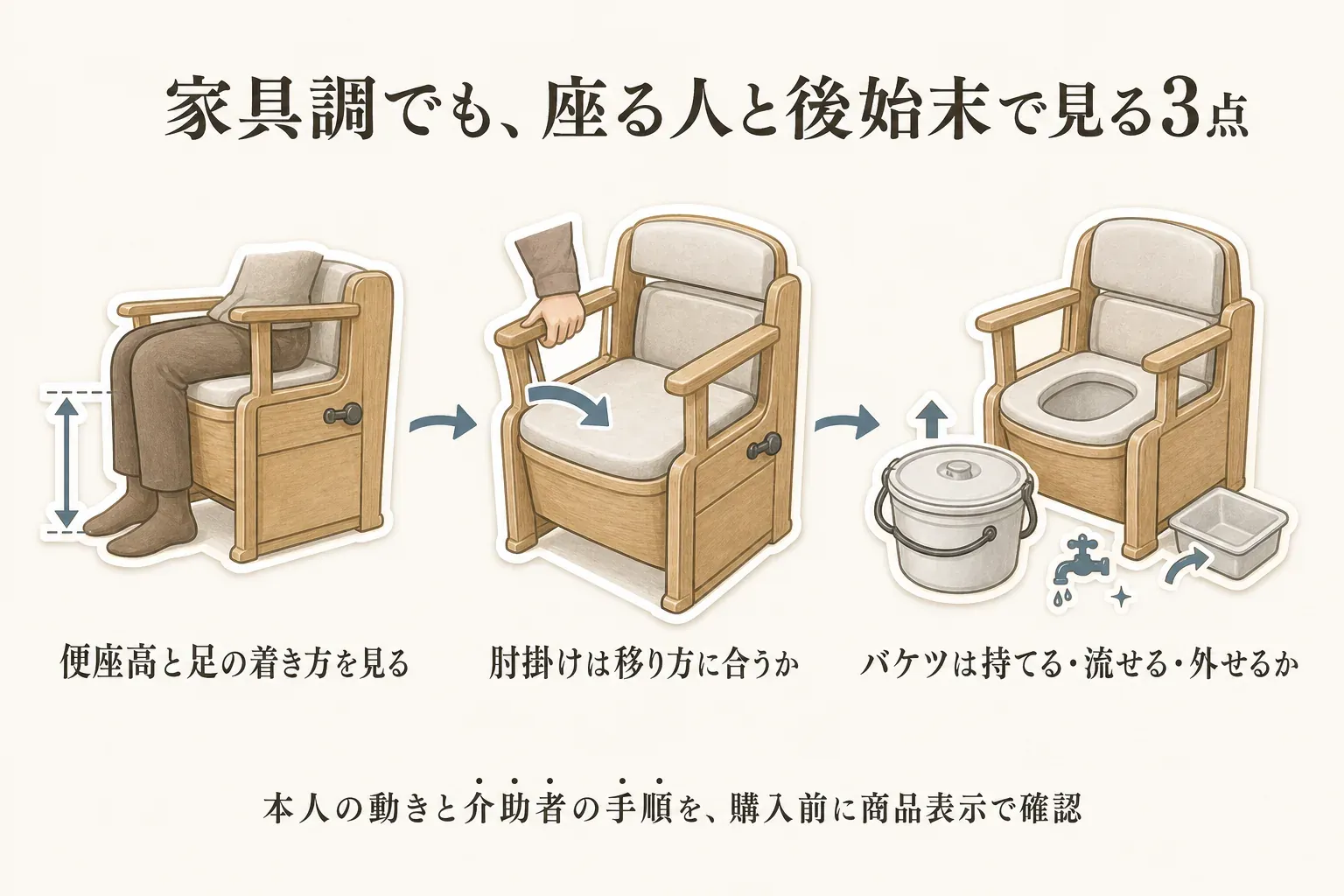 家具調ポータブルトイレを座る人と後始末で選ぶ3点を示す図。便座高と足の着き方、肘掛けが移り方に合うか、バケツを持てる・流せる・外せるかを、人物と本体のイラストで示す。購入前に本人の動きと介助者の手順を商品表示で確認するよう案内する。記事本文をもとに作成。