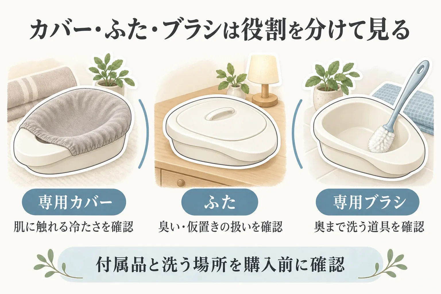 差し込み便器の付属品の役割を示す図。専用カバーは肌に触れる冷たさ、ふたは臭いと仮置き時の扱い、専用ブラシは奥まで洗う道具を確認するものと示し、付属品と洗う場所を購入前に確認するよう案内する。