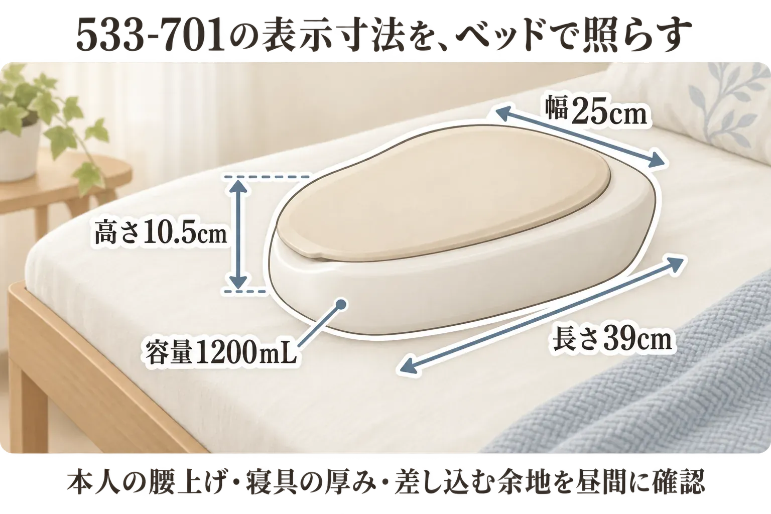 ベッド上に置いた差し込み便器533-701の表示寸法を示す図。幅25cm、長さ39cm、高さ10.5cm、容量1200mLを示し、本人の腰上げ、寝具の厚み、差し込む余地を昼間に確認するよう案内する。