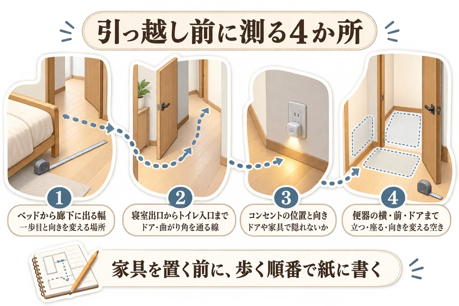 引っ越し前に測る4か所を示す図。ベッドから廊下へ出る幅、寝室出口からトイレ入口までのドアと曲がり角を通る線、コンセントの位置と向き、便器の横・前・ドアまでの立ち座りや方向転換に必要な空きを、歩く順番で示す。家具を置く前に紙へ書くよう案内する。記事本文をもとに作成。