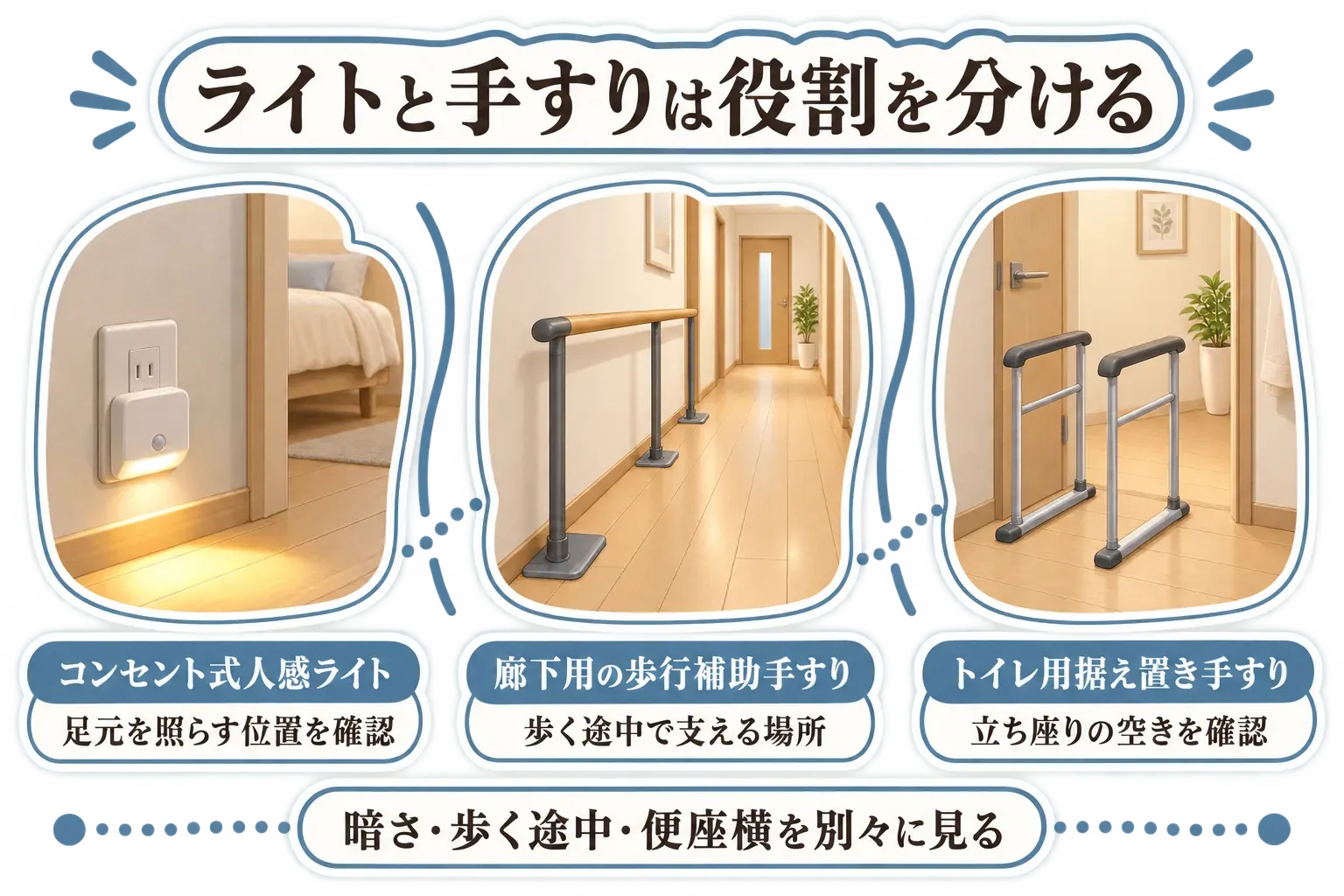 ライトと手すりの役割分担を示す図。コンセント式人感ライトは寝室出口の足元を照らす位置、廊下用の歩行補助手すりは歩く途中を支える場所、トイレ用据え置き手すりは便座横で立ち座りする空きを確認することを示し、暗さ・歩く途中・便座横を別々に見るよう案内する。記事本文をもとに作成。