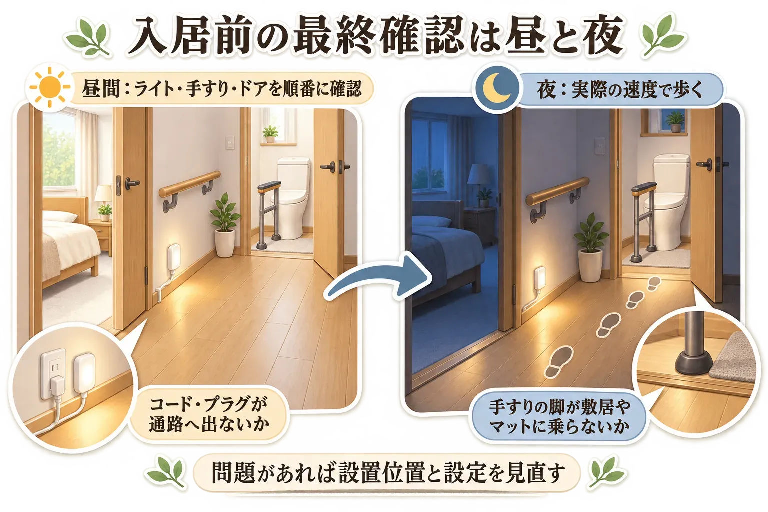 入居前の昼夜の最終確認を示す図。昼間はベッドからトイレまで歩いてライトの点灯位置、手すりに手が届く位置、ドアの開閉、コードや手すりの脚の干渉を確認し、夜は照明を落として人感ライトの反応、曲がり角の明るさ、まぶしさ、便座横の手すりの届き方を実際の速度で確かめる流れを示す。記事本文をもとに作成。