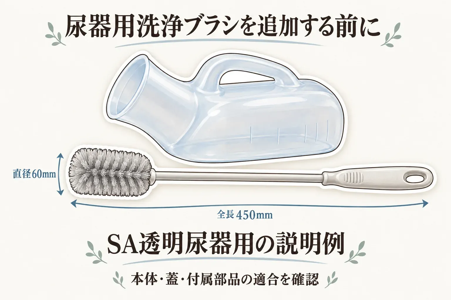 SA透明尿器用洗浄ブラシの販売ページの説明例として、尿器とブラシの形状、ブラシの直径60mm・全長450mmを示す図。追加する前に、手元の尿器本体・蓋・付属部品への適合をそれぞれ確認するよう案内している。