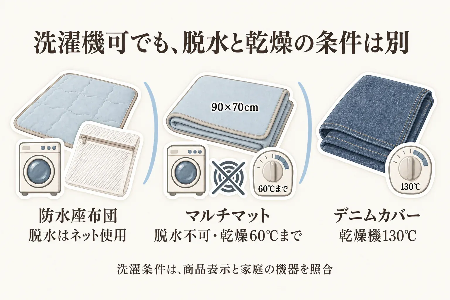 防水座面シートの洗濯条件を比べる図。防水座布団は洗濯ネットを使って脱水し、90×70cmマルチマットは脱水機不可・乾燥機60℃まで、デニムカバーは乾燥機130℃までの条件を示す。洗濯条件は商品表示と家庭の機器を照合するよう案内する。記事本文をもとに作成。