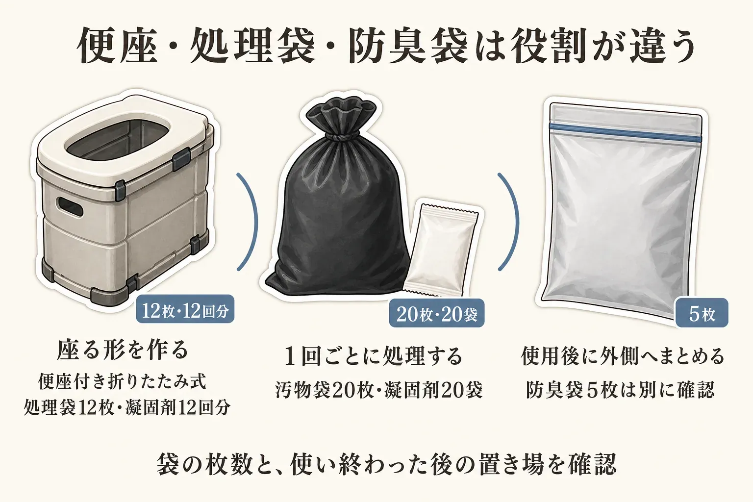 便座付き折りたたみ式、処理袋・凝固剤、防臭袋の役割と枚数を比較する図。便座付き本体は座る形を作り、汚物袋20枚・凝固剤20袋は1回ごとの処理に使い、防臭袋5枚は使用後に外側へまとめる。袋の枚数と使用後の置き場所を確認する。記事本文をもとに作成。