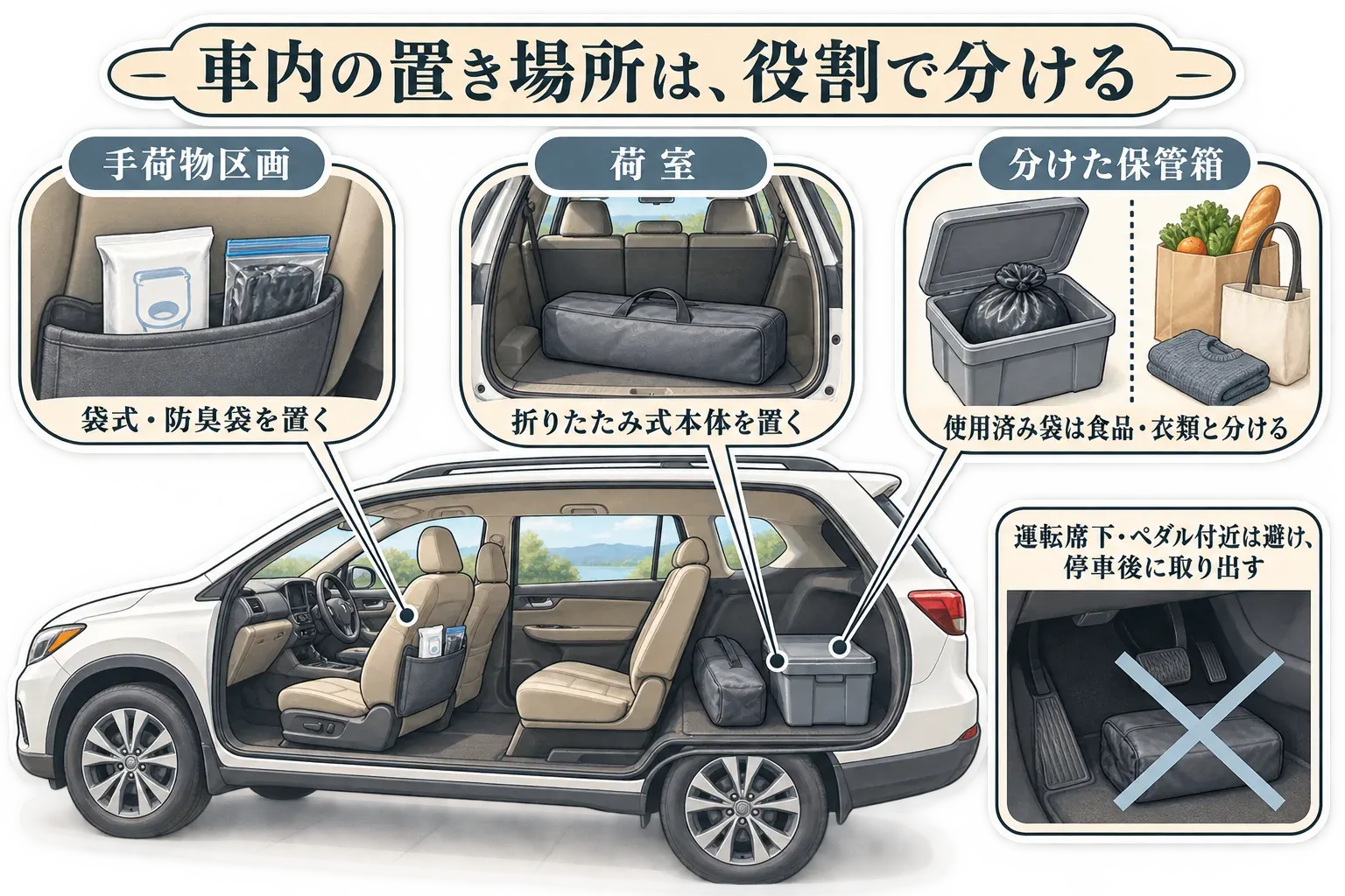 車内の置き場所を役割で分ける図。袋式・防臭袋は手荷物区画、折りたたみ式本体は荷室、使用済み袋は食品・衣類と分けた保管箱へ置き、運転席下やペダル付近は避けて停車後に取り出すよう示す。記事本文をもとに作成。