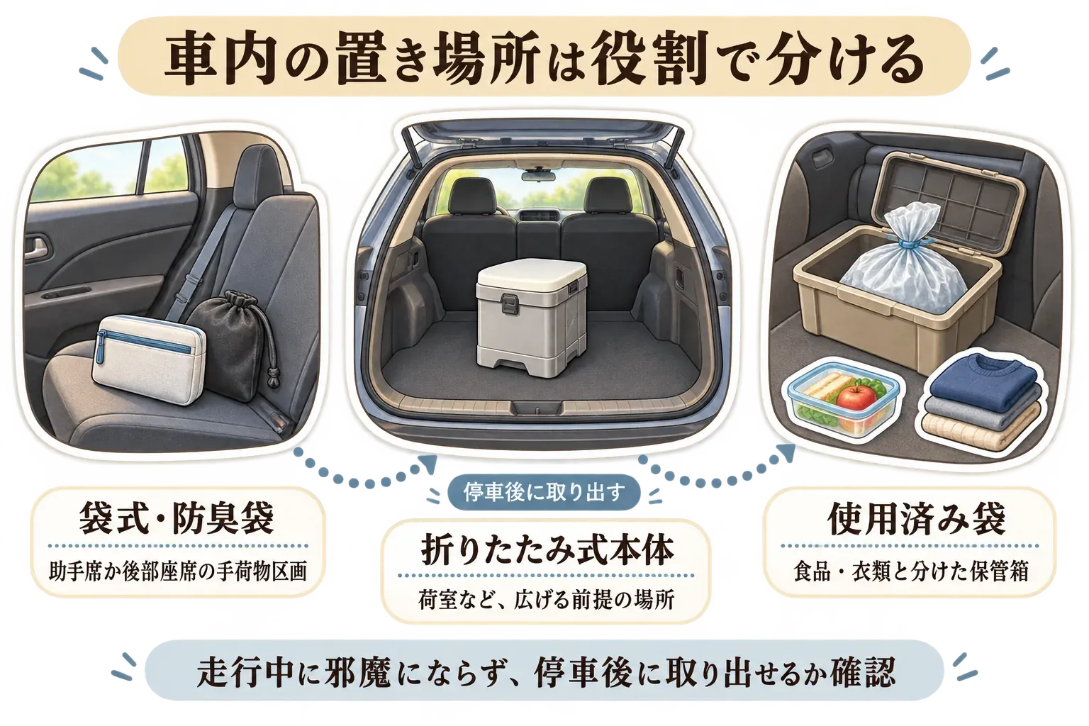 車内の置き場所を役割で分ける図。袋式・防臭袋は助手席または後部座席の手荷物区画、折りたたみ式本体は荷室など広げる前提の場所、使用済み袋は食品・衣類と分けた保管箱へ置き、走行中に邪魔にならず停車後に取り出せるか確認する。記事本文をもとに作成。