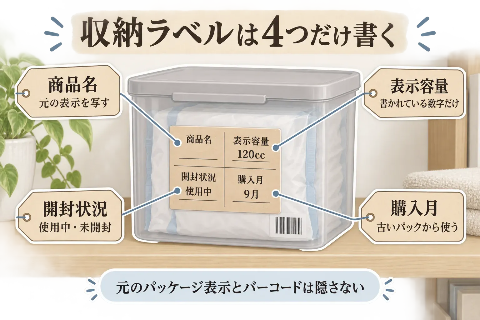 尿もれパッドの収納ラベルに書く4項目を示す図。元の表示を写す商品名、書かれている数字だけを記す表示容量、使用中・未開封を示す開封状況、古いパックから使うための購入月を記入し、元のパッケージ表示とバーコードは隠さないよう案内する。記事本文をもとに作成。